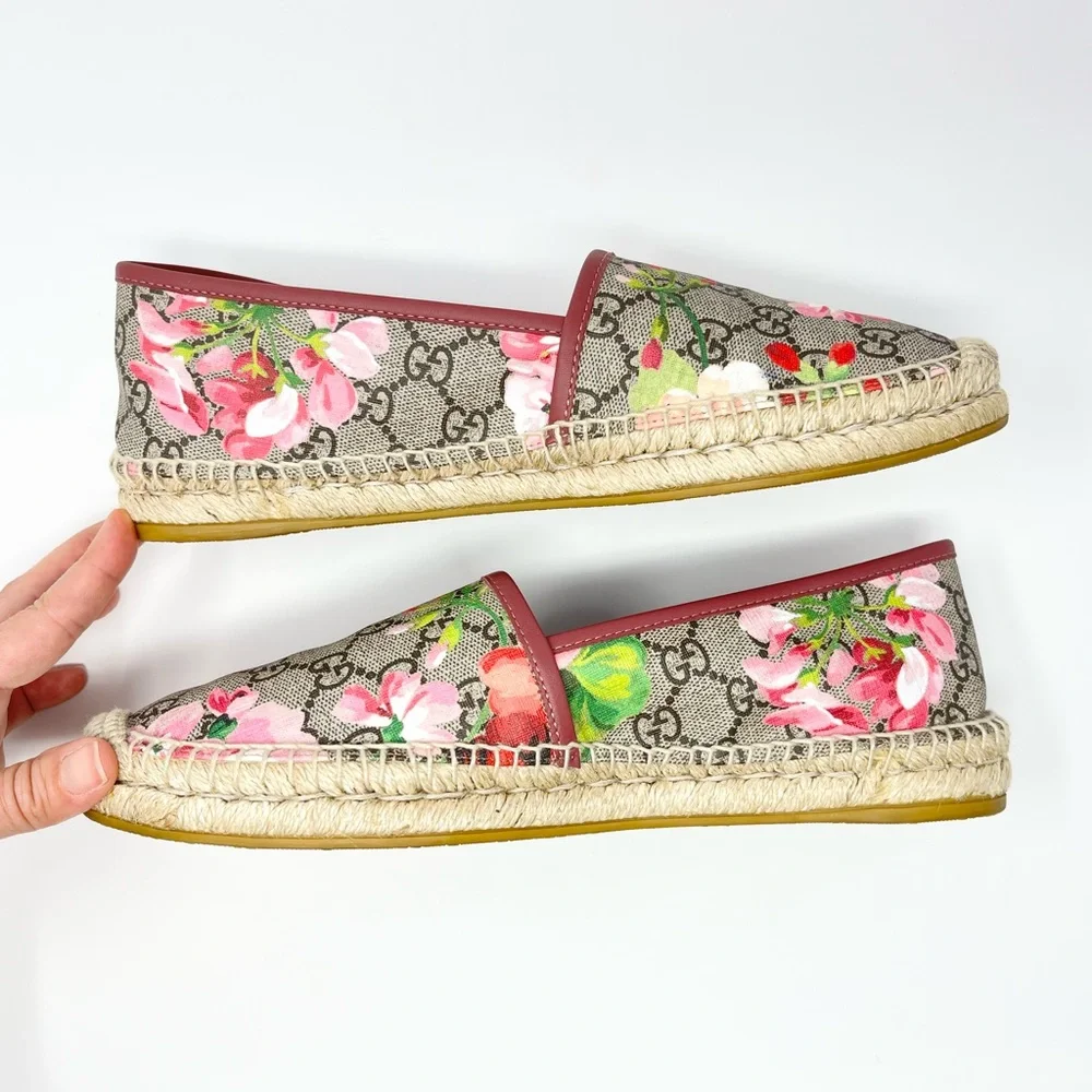 Gucci GG Double G Monogram Pink Bloom Floral Flat Espadrilles Shoes Tan 41 11